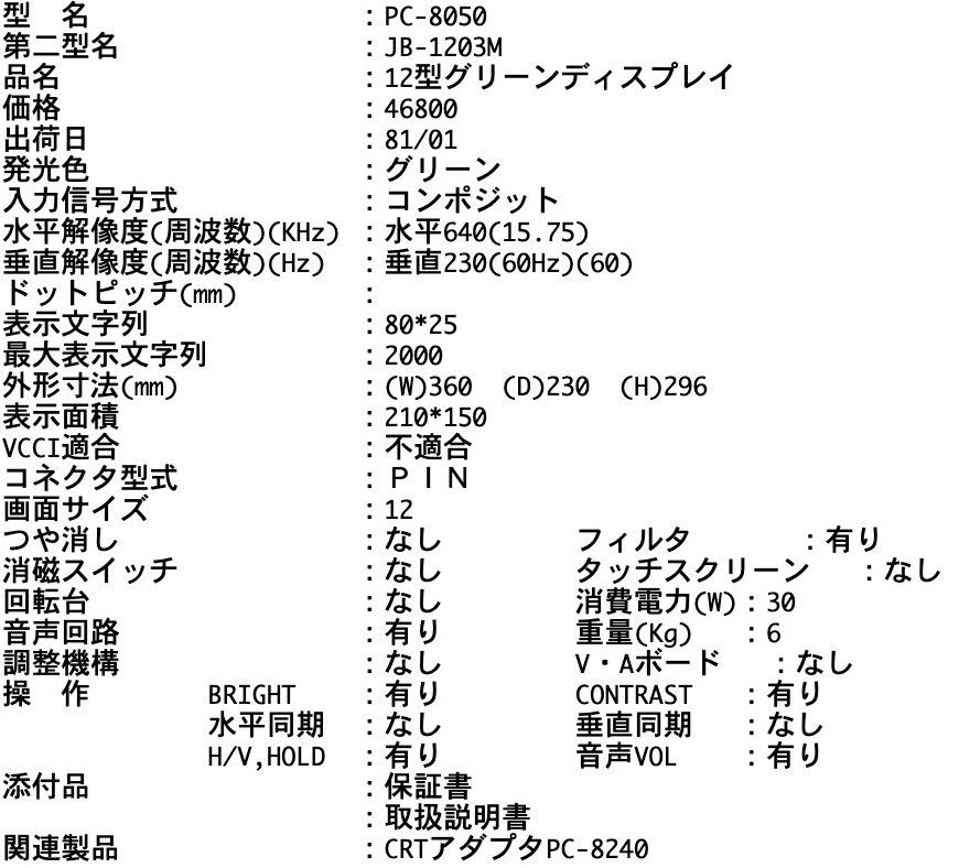 JB1203M-1 PC-8001mkIIにグリーンディスプレイを接続!令和に蘇る「緑の文字」